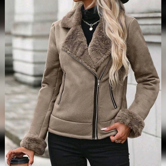 Borg Collar Zip Up Moto Jacket - Picture 1 of 5